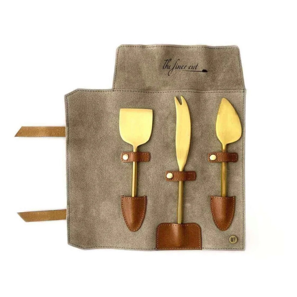 Nappa Dori Designer Cheese Gold Serving Set in Gray w Leather Handcrafted India